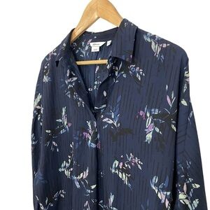 Reitmans Floral Popover Blouse Sz S Navy Blue Casual Low Wrinkle Shirt Top EUC